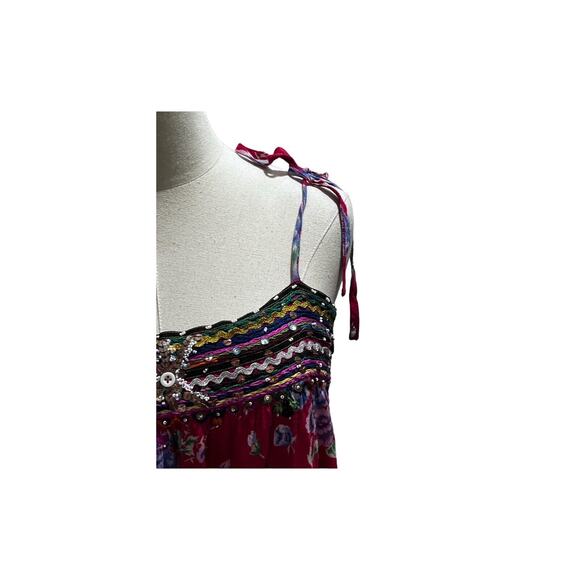 Free People Shoulder Ties Boho Red Multicolor Floral Sequin Beaded Tank Sz Med - Picture 15 of 16
